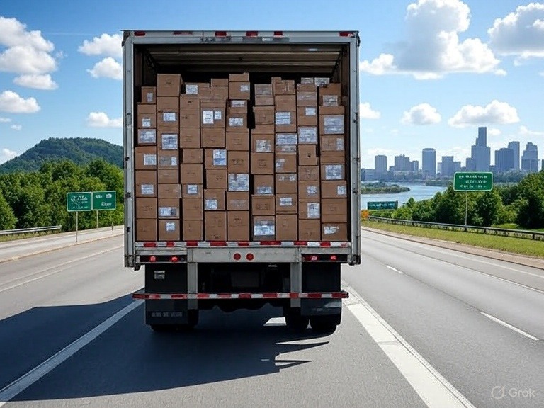 A Mover’s Diary: Funny Lessons from My Knoxville to Chattanooga Adventure 1 A moving truck filled with packed boxes drives south on I-75 highway from Knoxville to Chattanooga, Tennessee, with the Knoxville skyline fading in the distance, the Tennessee River and Lookout Mountain visible ahead under a clear blue sky, capturing the essence of a smooth local move.