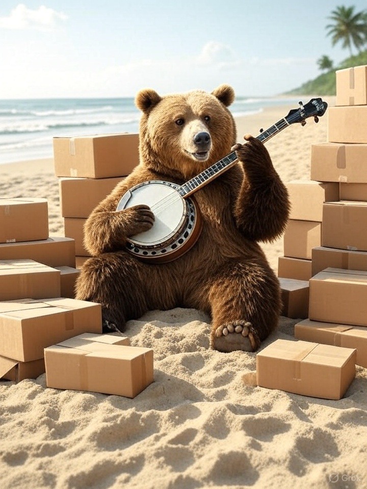 Your Ultimate Timeline for Moving from Farragut, TN to New Port Richey, FL 1 Whimsical bear playing banjo on Florida beach at sunset surrounded by stacked moving boxes, symbolizing fun long-distance relocation from Farragut TN to New Port Richey FL