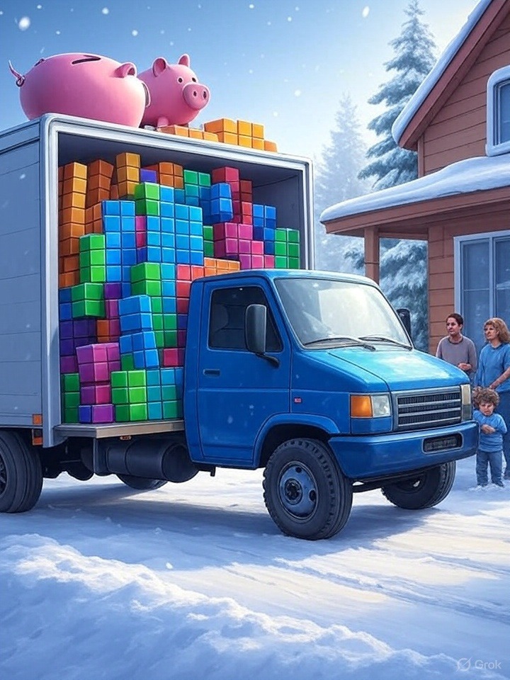 Fun illustration of piggy bank on moving truck for cost-saving relocation tips