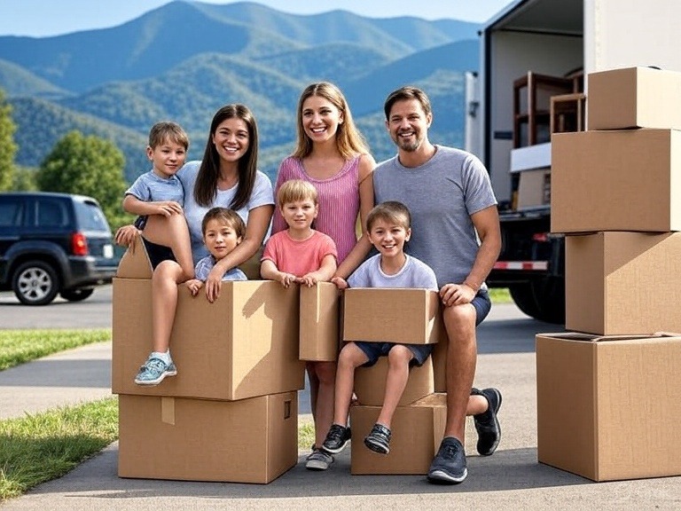 Family packing moving boxes in front of a moving truck on a scenic East Tennessee highway with the Great Smoky Mountains in the background, showcasing a stress-free long-distance move from Knoxville, TN on a sunny day.