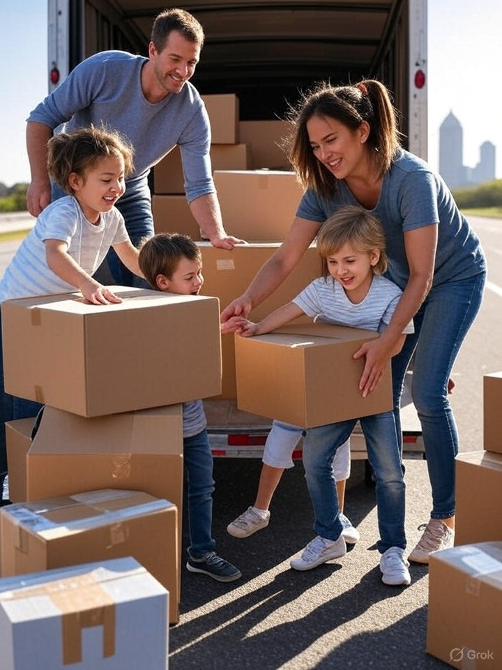 A happy family of four, including two parents and two young children, smiling as they load cardboard boxes into the back of a moving truck on a sunny day with a city skyline in the background, illustrating tips for affordable long-distance moving from Knoxville.