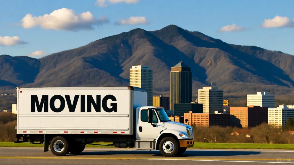 A white moving truck labeled 'Moving Company' drives along a scenic road toward the Knoxville skyline, with the lush Great Smoky Mountains rising in the background under a clear blue sky with scattered clouds—evoking the excitement of a long-distance relocation to East Tennessee.