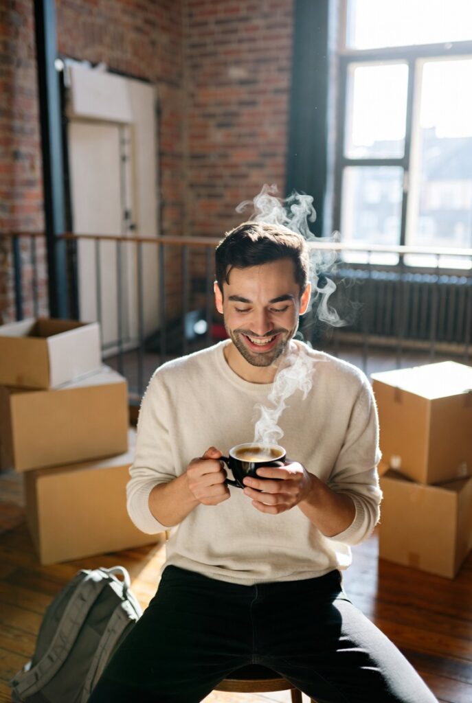 guy drinking coffee surrounded by moving boxes