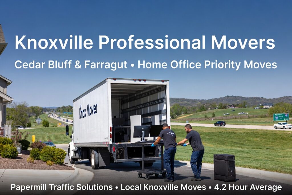 A Composite Story: The Ramirez Family's Cedar Bluff Shift 2 Knoxville professional movers unloading priority home office equipment — dual monitors, standing desk, and computer towers — from a white moving truck at a modern suburban home in the Cedar Bluff / Farragut area. I-40 highway and Papermill exit visible in the background. Text overlay reads “Knoxville Professional Movers – Cedar Bluff & Farragut • Home Office Priority Moves.”