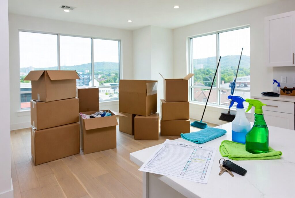Clean Knoxville apartment during move-out with moving boxes, cleaning supplies, checklist, and keys on the counter – featured image for Knoxville apartment move-out cleaning rules guide by Mitchell Moving