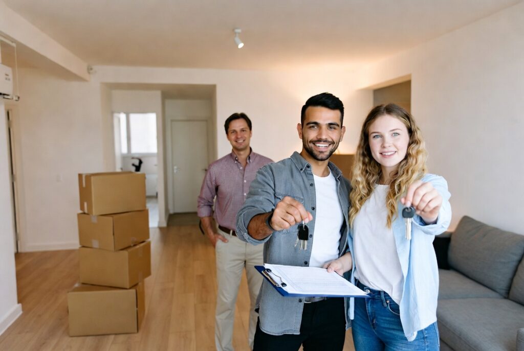 Young couple and property manager conducting a final apartment deposit walkthrough in a clean, move-out ready Knoxville apartment, holding keys and a checklist with moving boxes in the background.