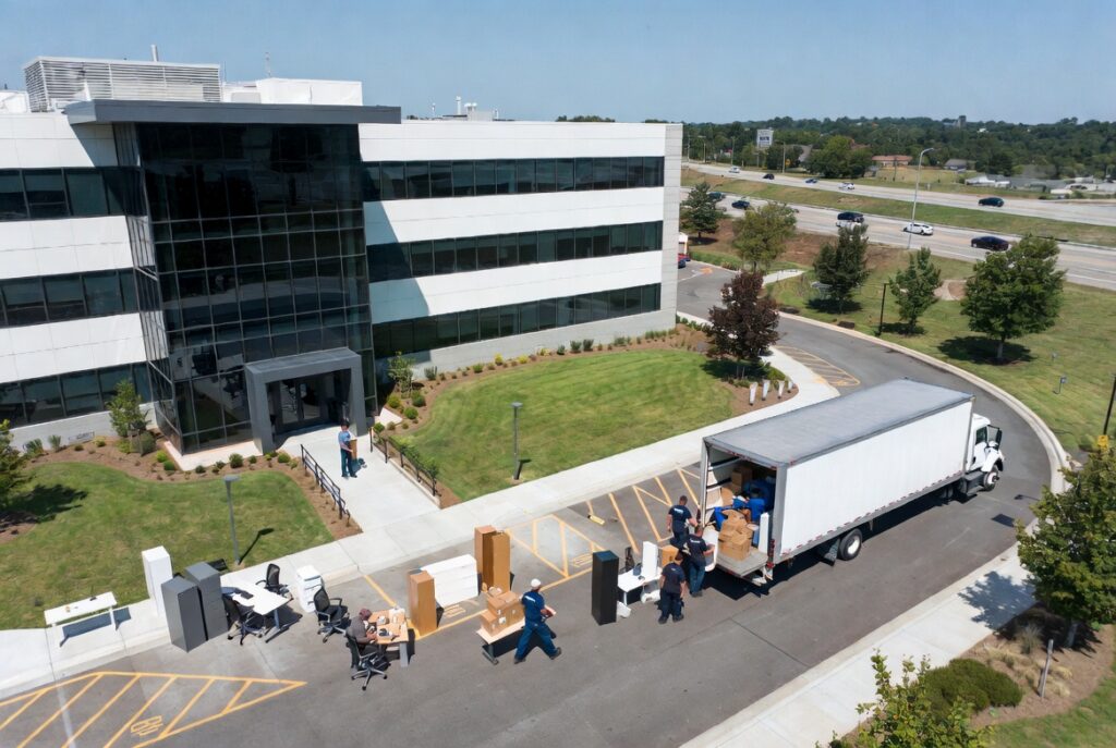 Farragut Corporate Moves &Amp; I-40 Loading Zones 1 Professional movers loading office furniture and equipment into a truck at a designated loading zone near i-40 in farragut, tennessee during a corporate relocation.