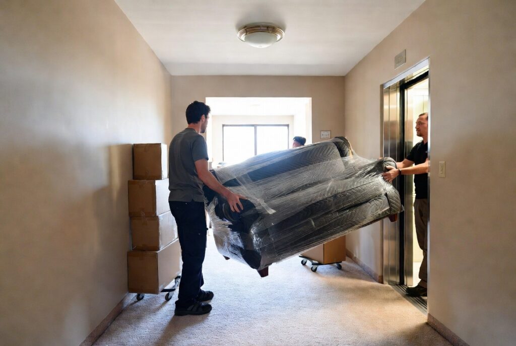 Elevator &Amp; Hallway Moves In Cedar Bluff 2 Professional movers carefully navigating a large sofa and boxes through a narrow apartment hallway into an elevator during a specialized elevator & hallway move in cedar bluff.