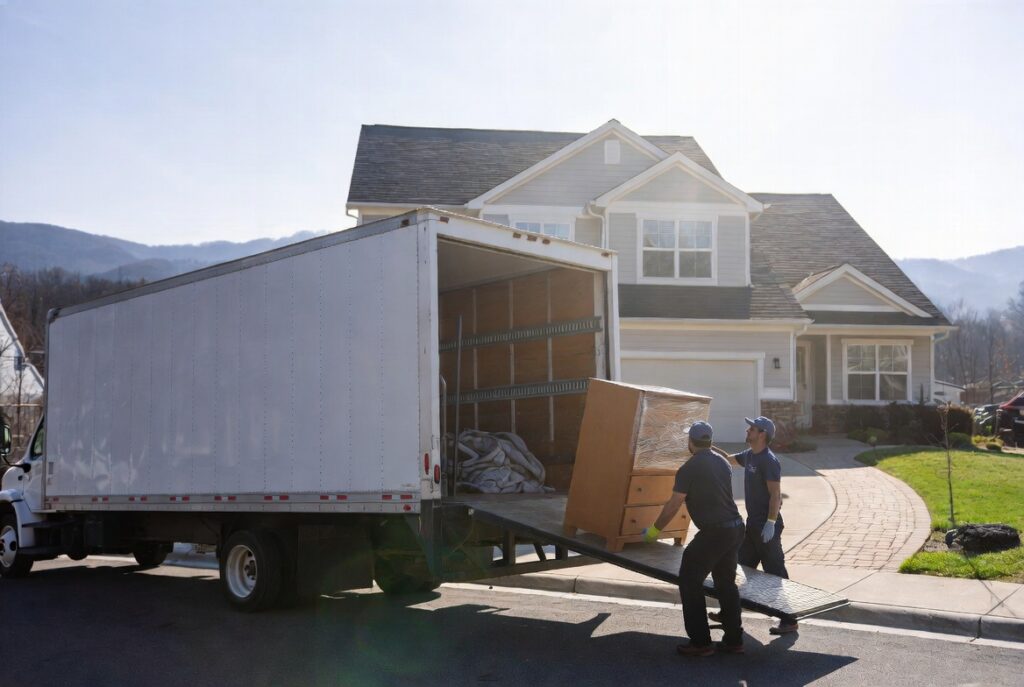 Professional knoxville long distance movers carefully loading furniture into a truck in front of a suburban home with the smoky mountains in the background